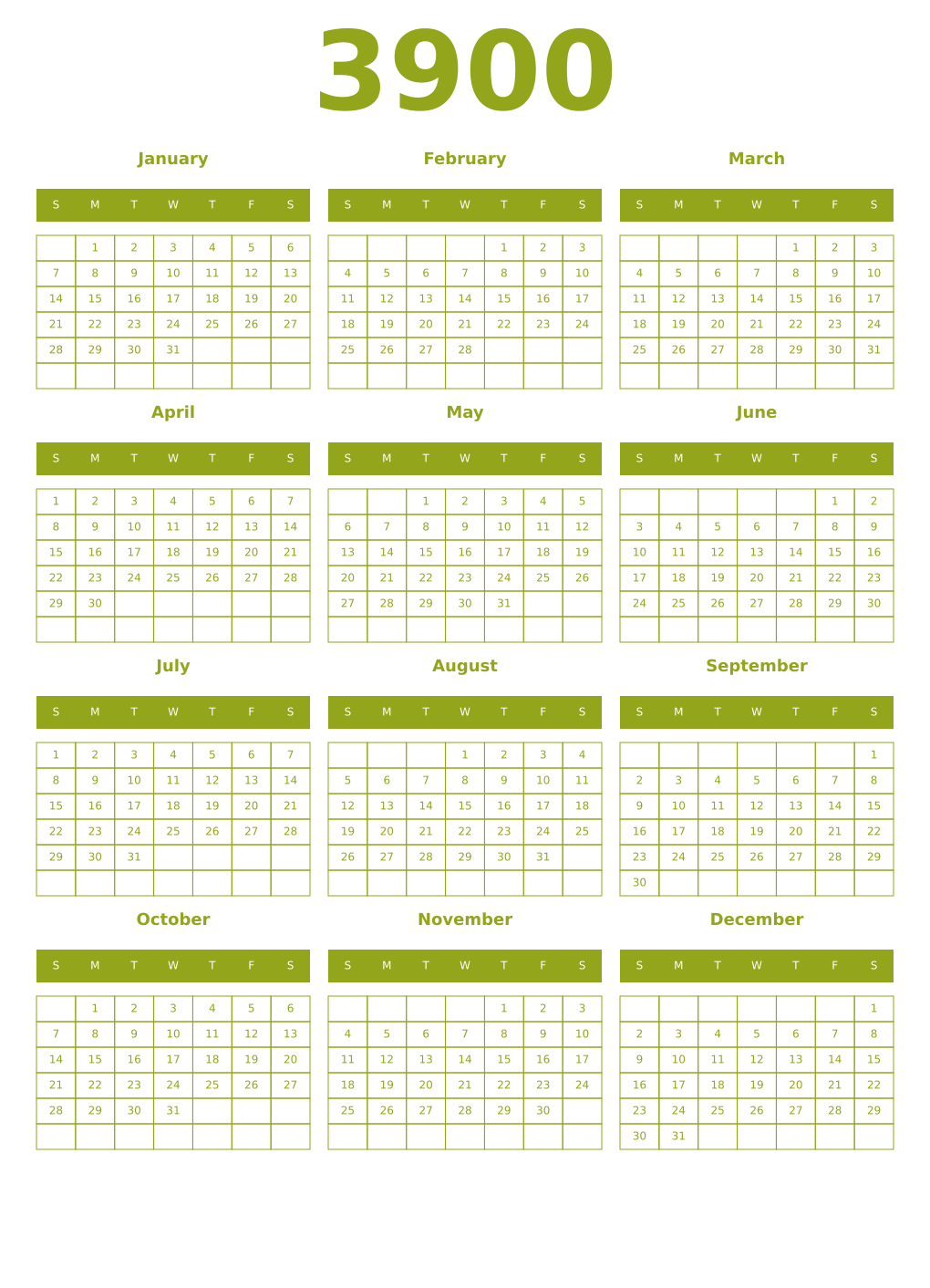 Printable 3900 Year Calendars chartreuse