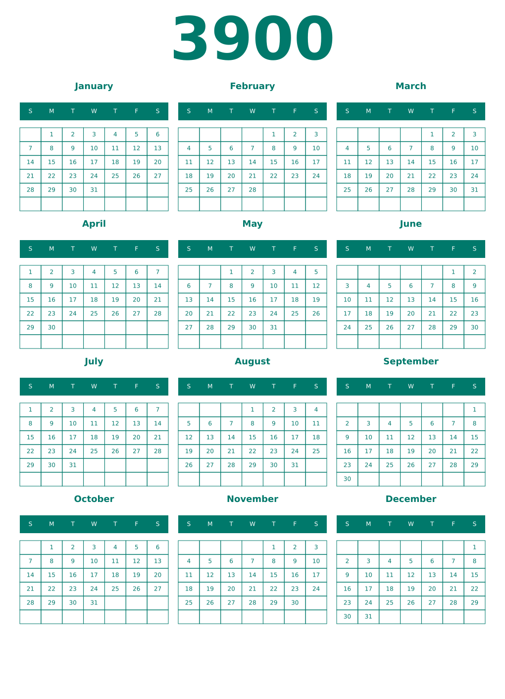 Printable 3900 Year Calendars pastel