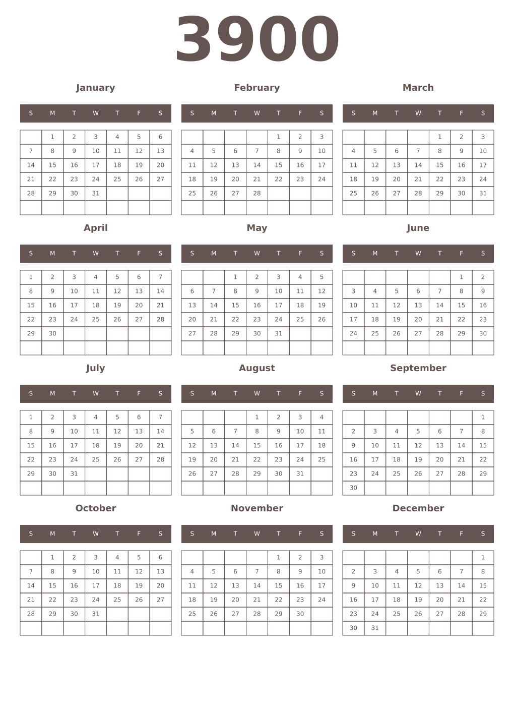 Printable 3900 Year Calendars wenge