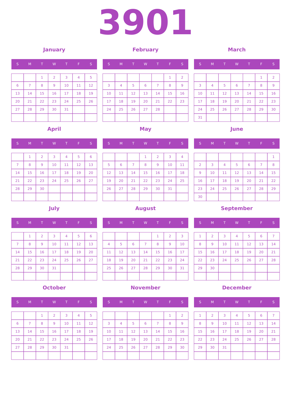 Printable 3901 Calendars