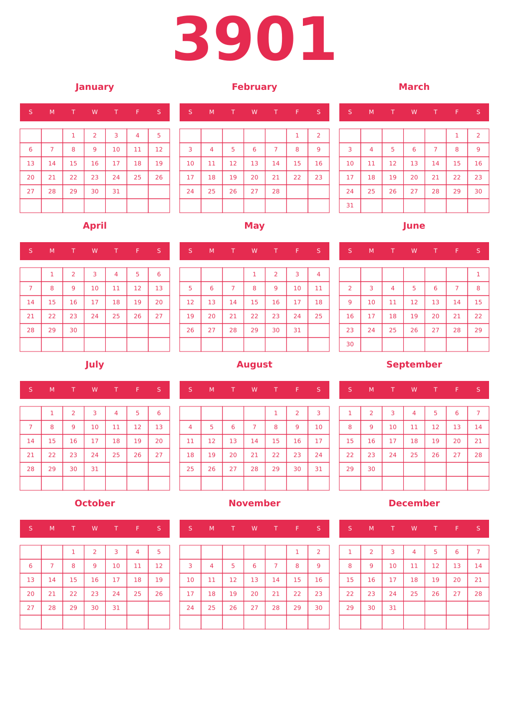 Printable 3901 Year Calendars amaranth