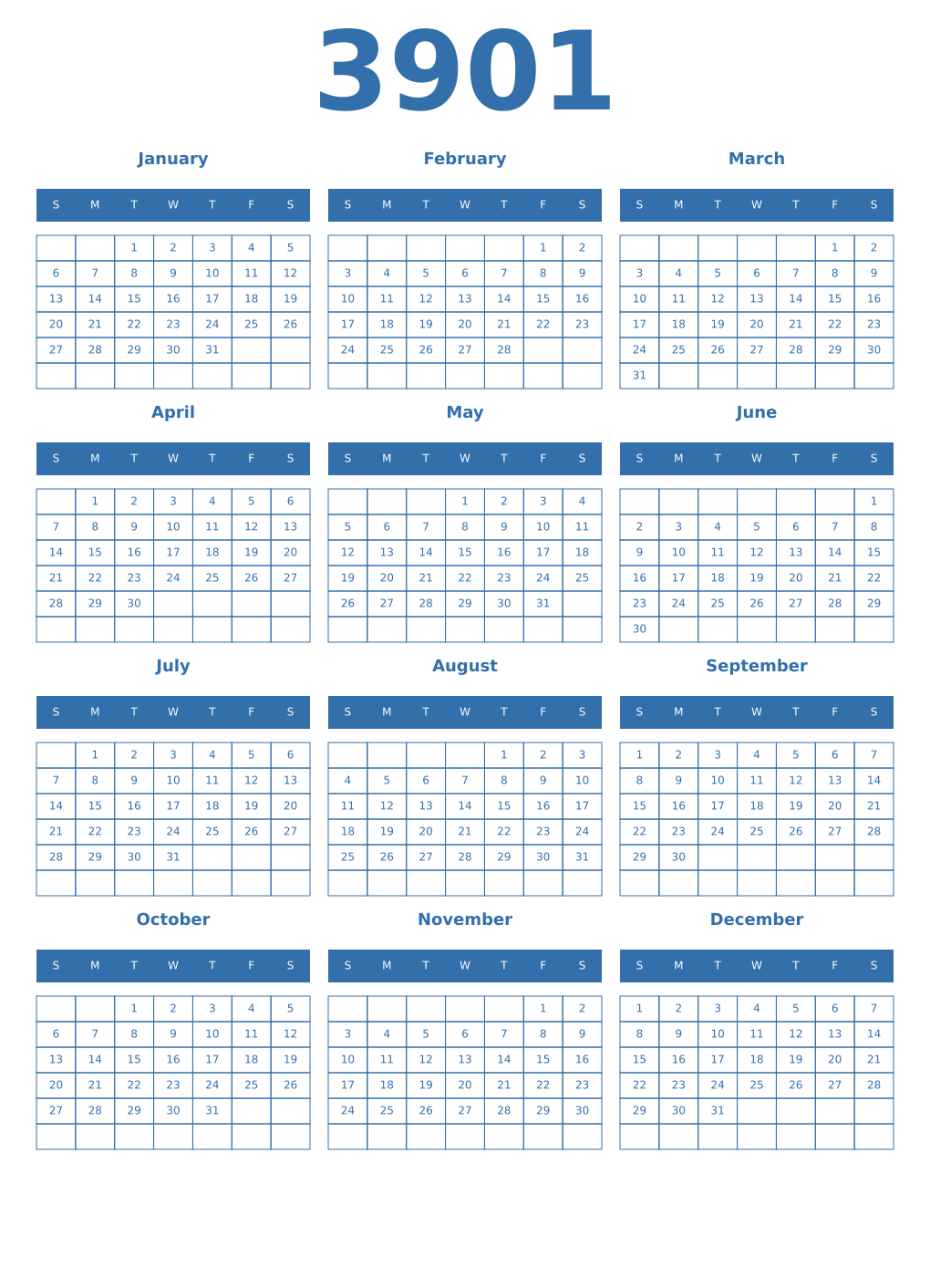 Printable 3901 Year Calendars blue