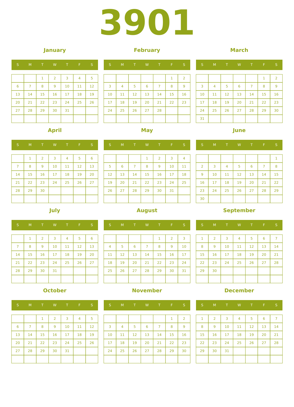 Printable 3901 Year Calendars chartreuse