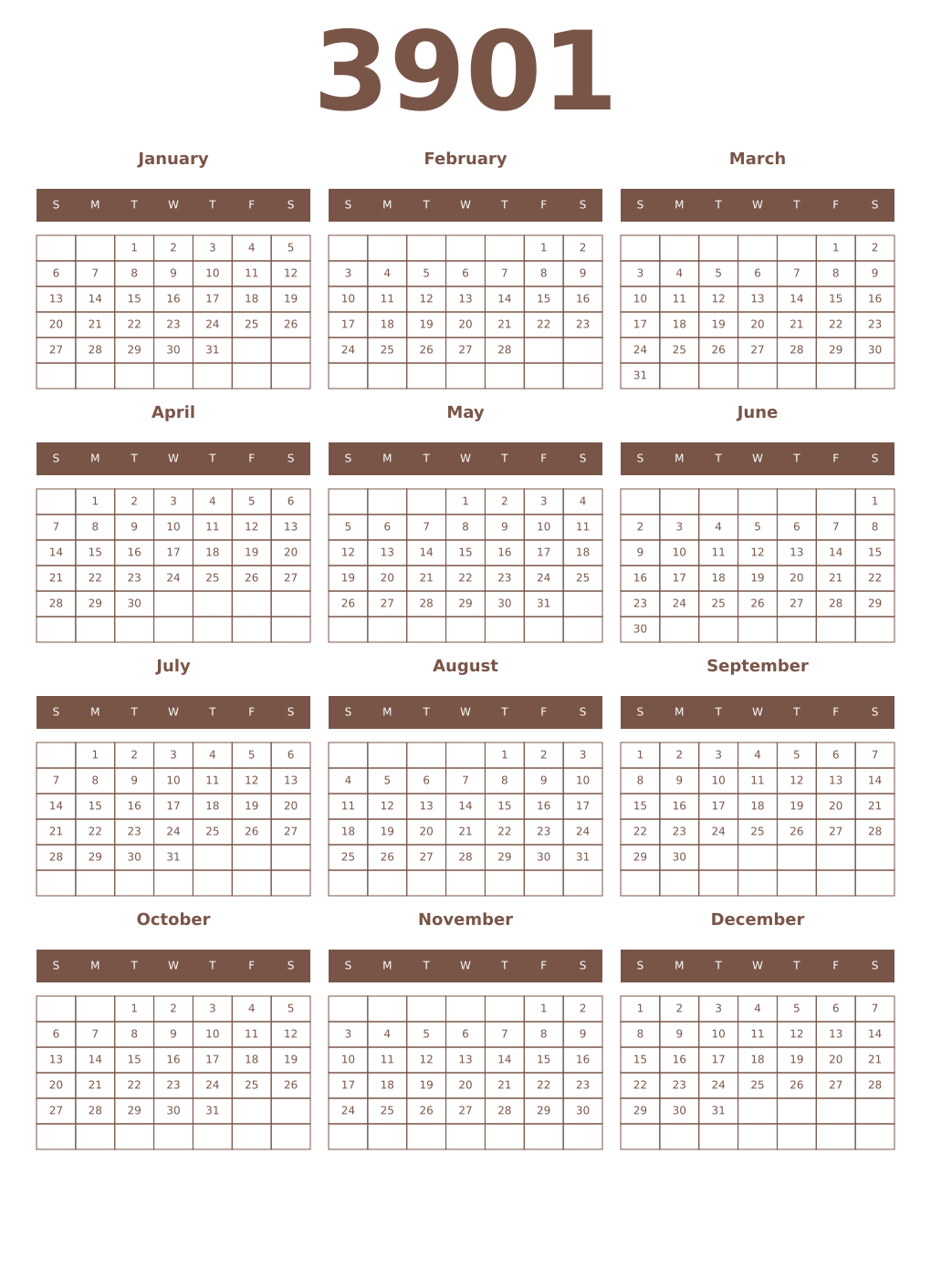 Printable 3901 Year Calendars coffe