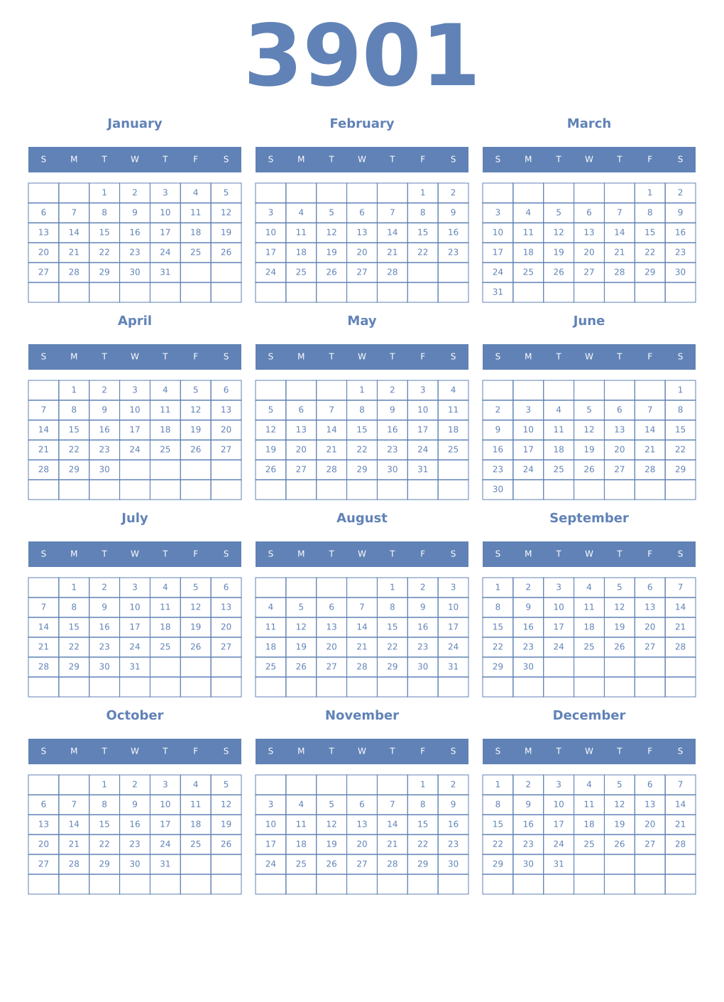 Printable 3901 Year Calendars glaucous