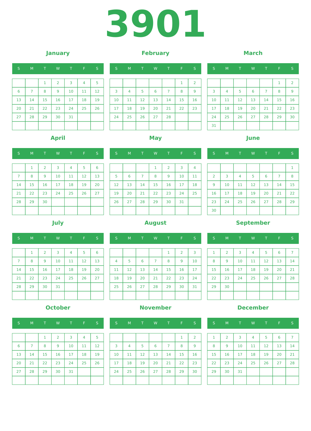 Printable 3901 Year Calendars green