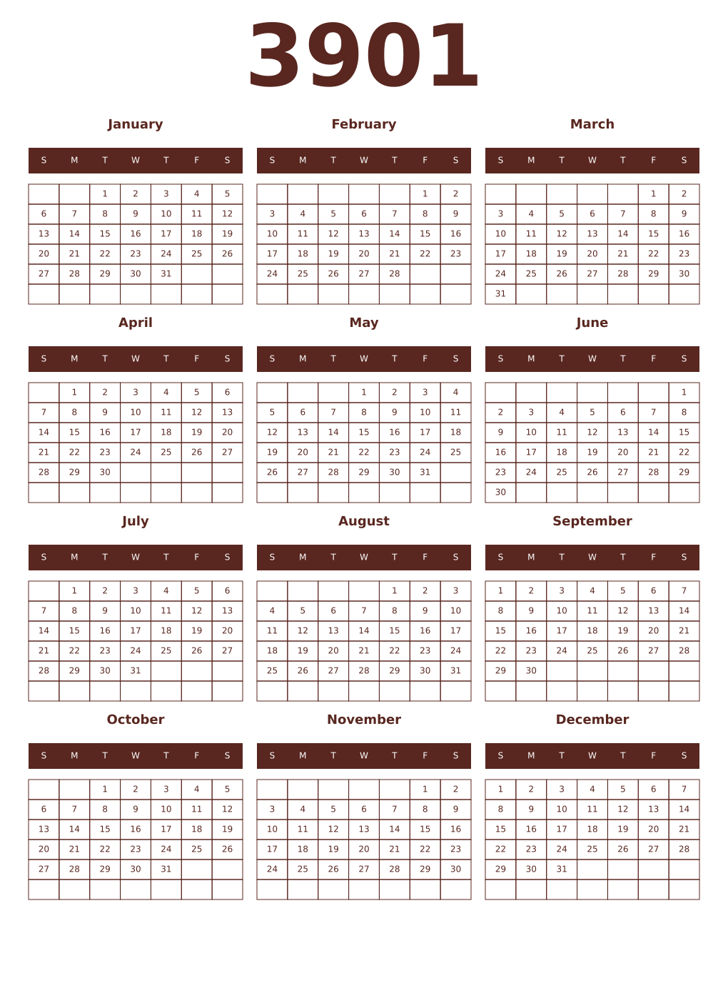 Printable 3901 Year Calendars mortuum
