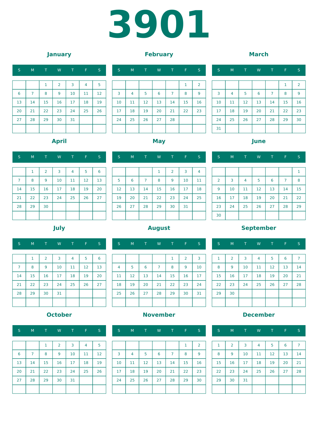 Printable 3901 Year Calendars pastel