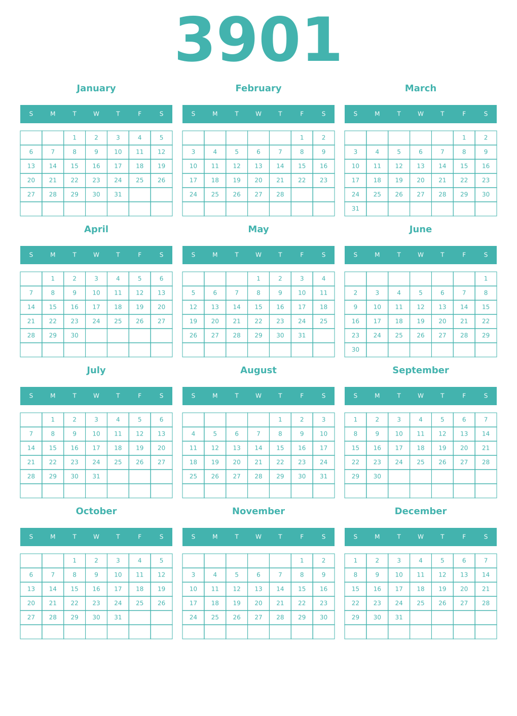 Printable 3901 Year Calendars verdigris