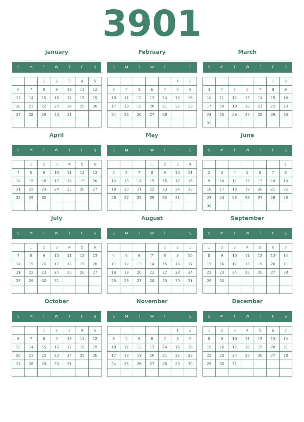 Printable 3901 Year Calendars viridian