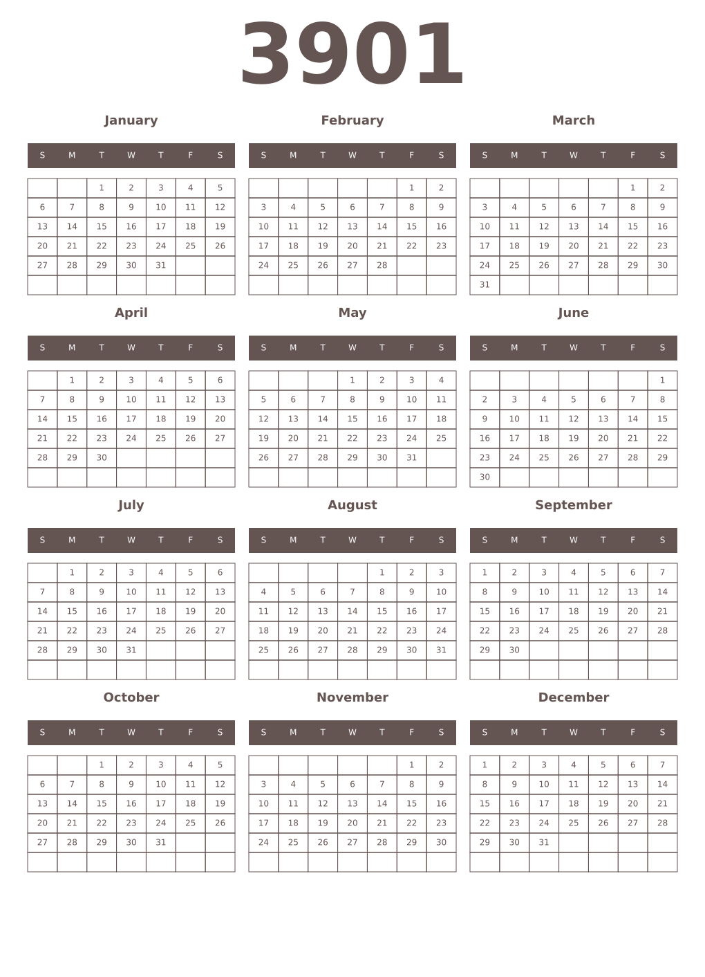 Printable 3901 Year Calendars wenge