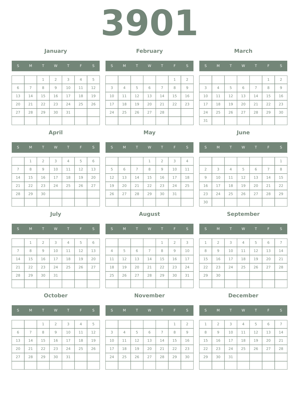 Printable 3901 Year Calendars xanadu