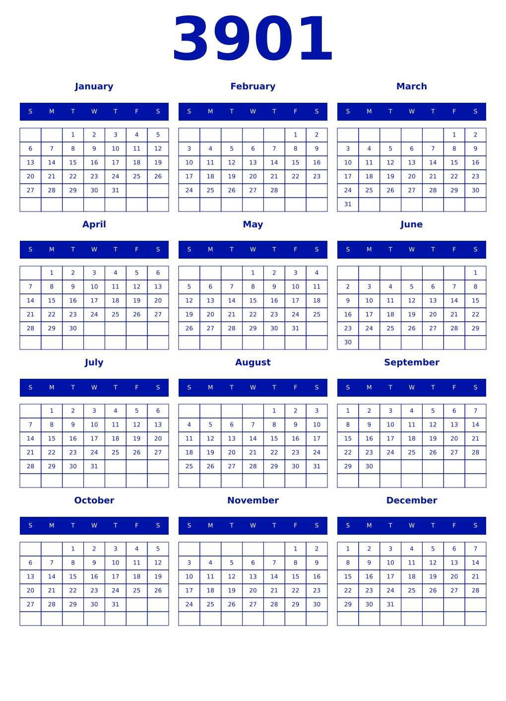 Printable 3901 Year Calendars zaffre