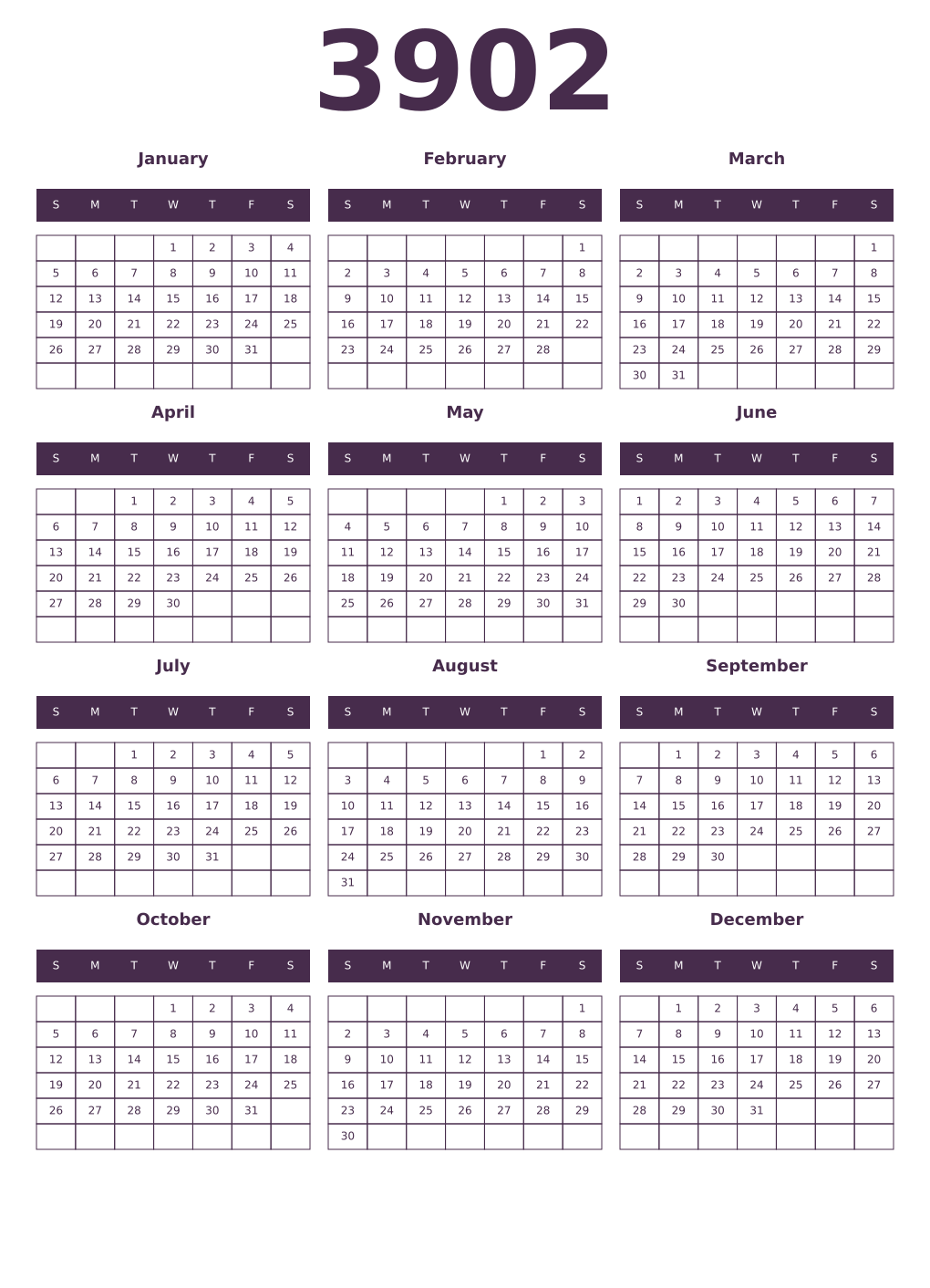 Printable 3902 Year Calendars aubergine