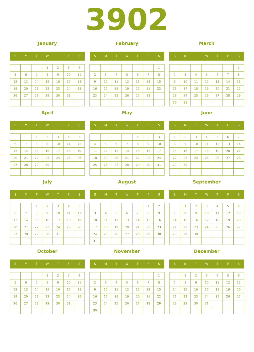 Printable 3902 Year Calendars chartreuse