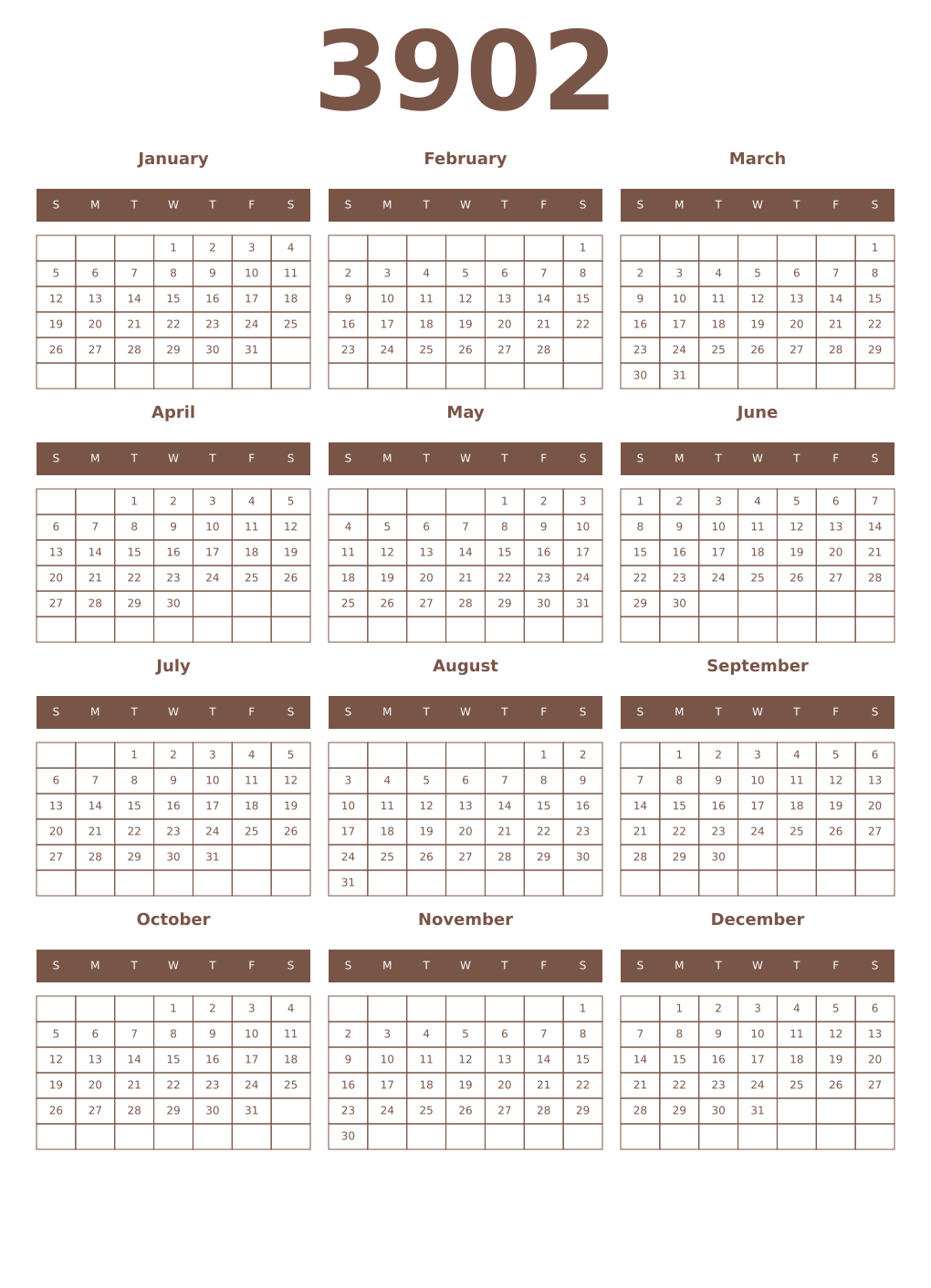 Printable 3902 Year Calendars coffe