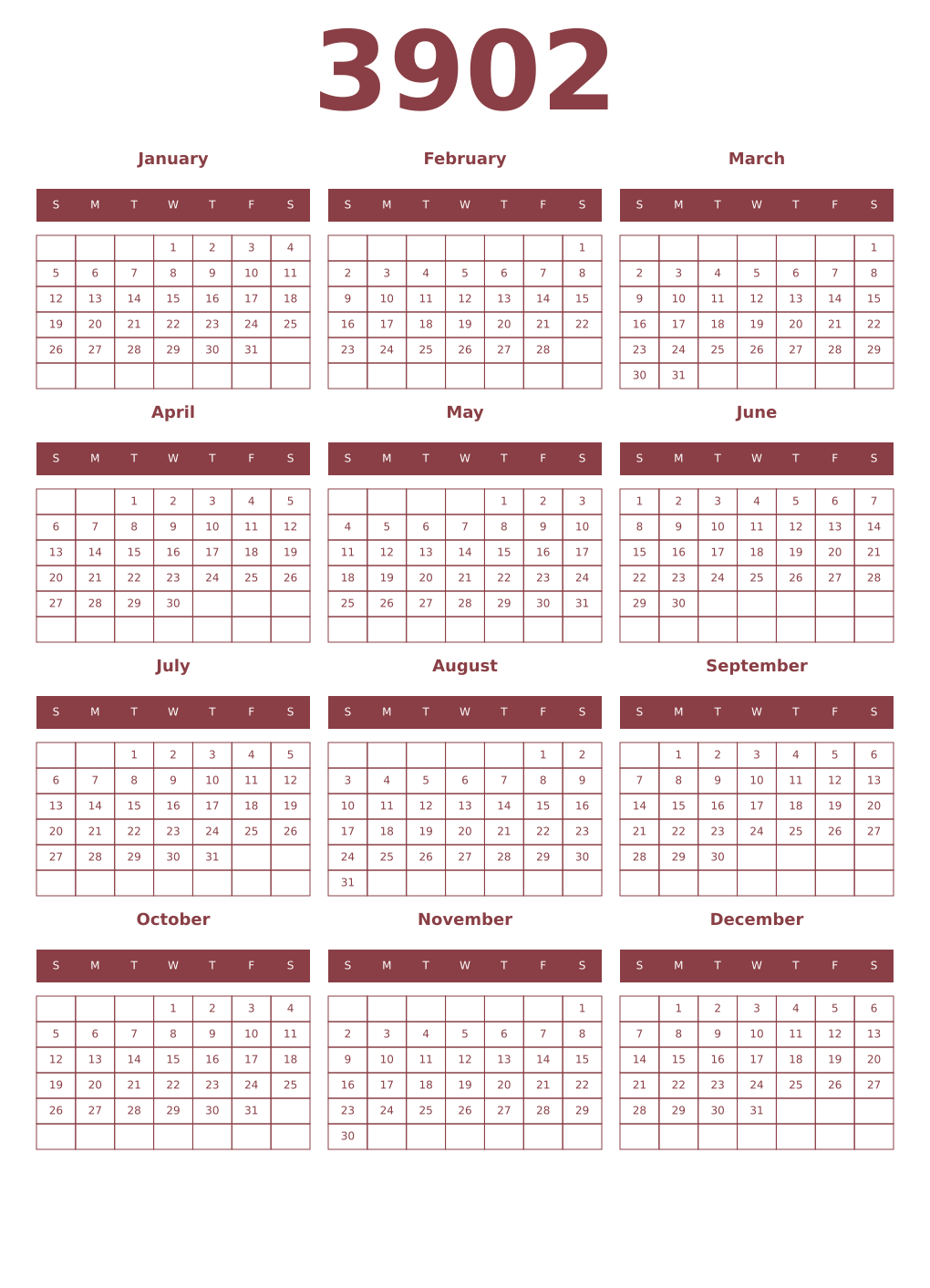 Printable 3902 Year Calendars cordovan