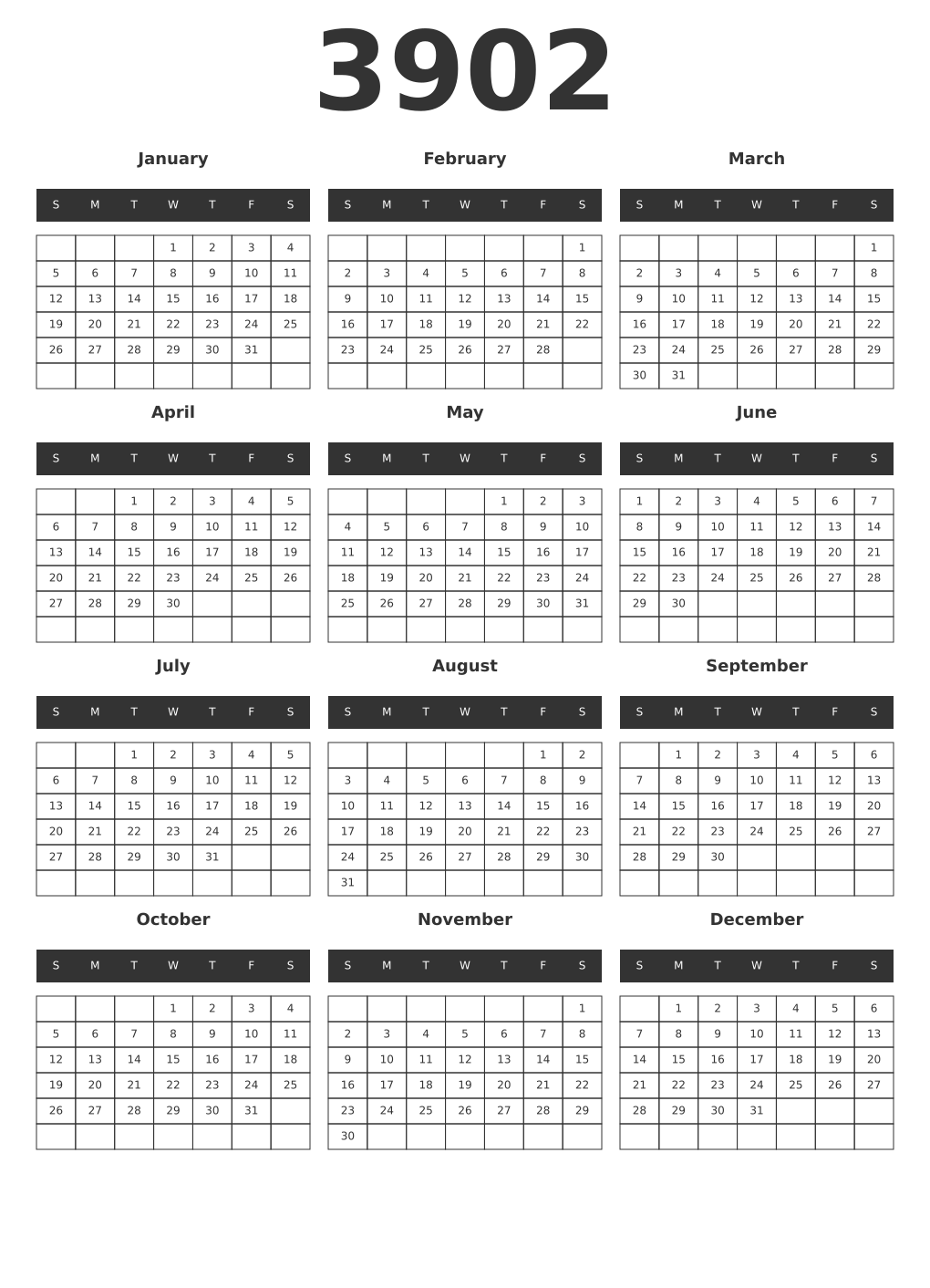 Printable 3902 Year Calendars dark
