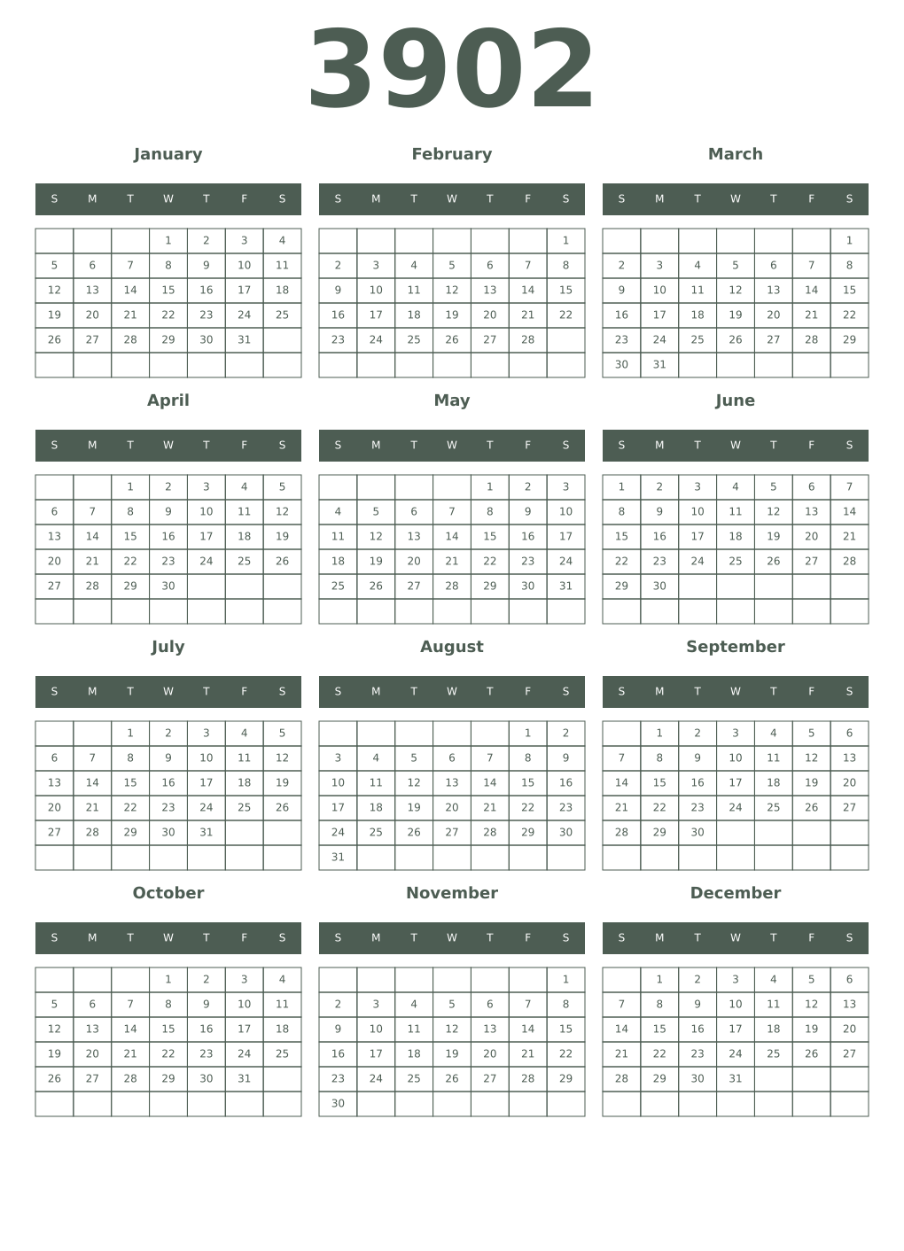 Printable 3902 Year Calendars feldgrau
