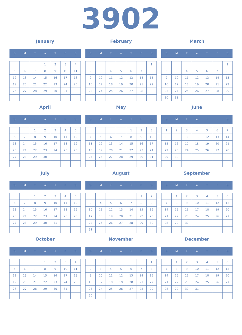 Printable 3902 Year Calendars glaucous