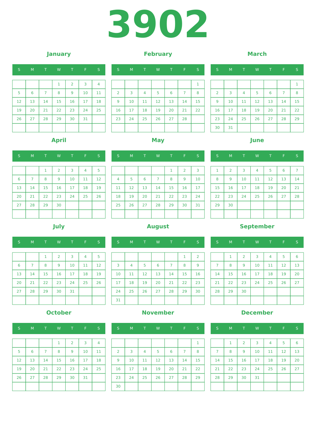 Printable 3902 Year Calendars green