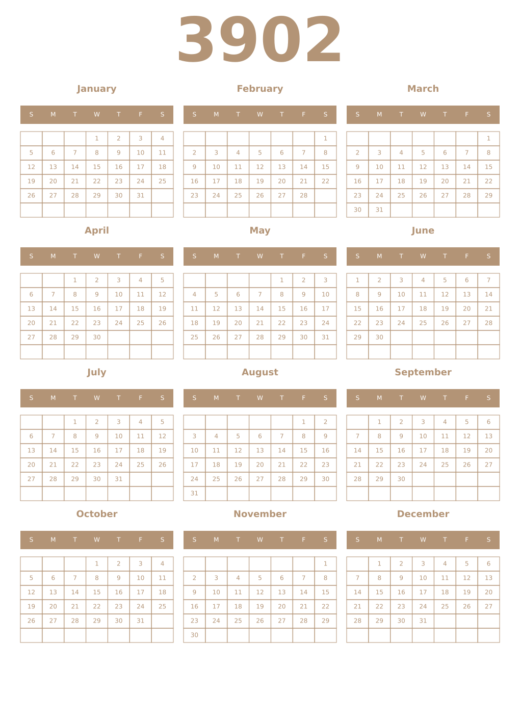 Printable 3902 Year Calendars isabelline