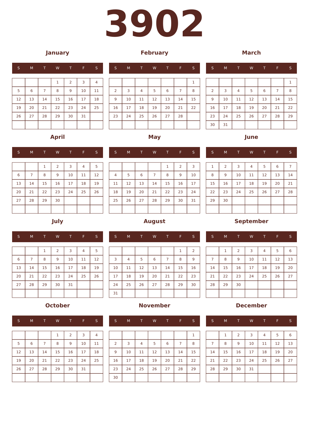 Printable 3902 Year Calendars mortuum