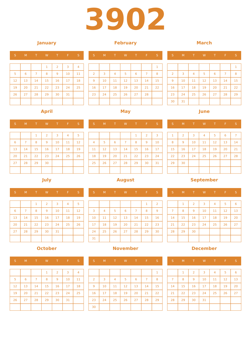 Printable 3902 Year Calendars orange