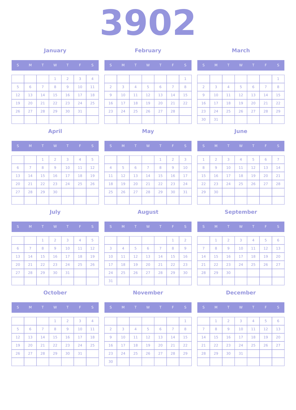 Printable 3902 Year Calendars periwinkle