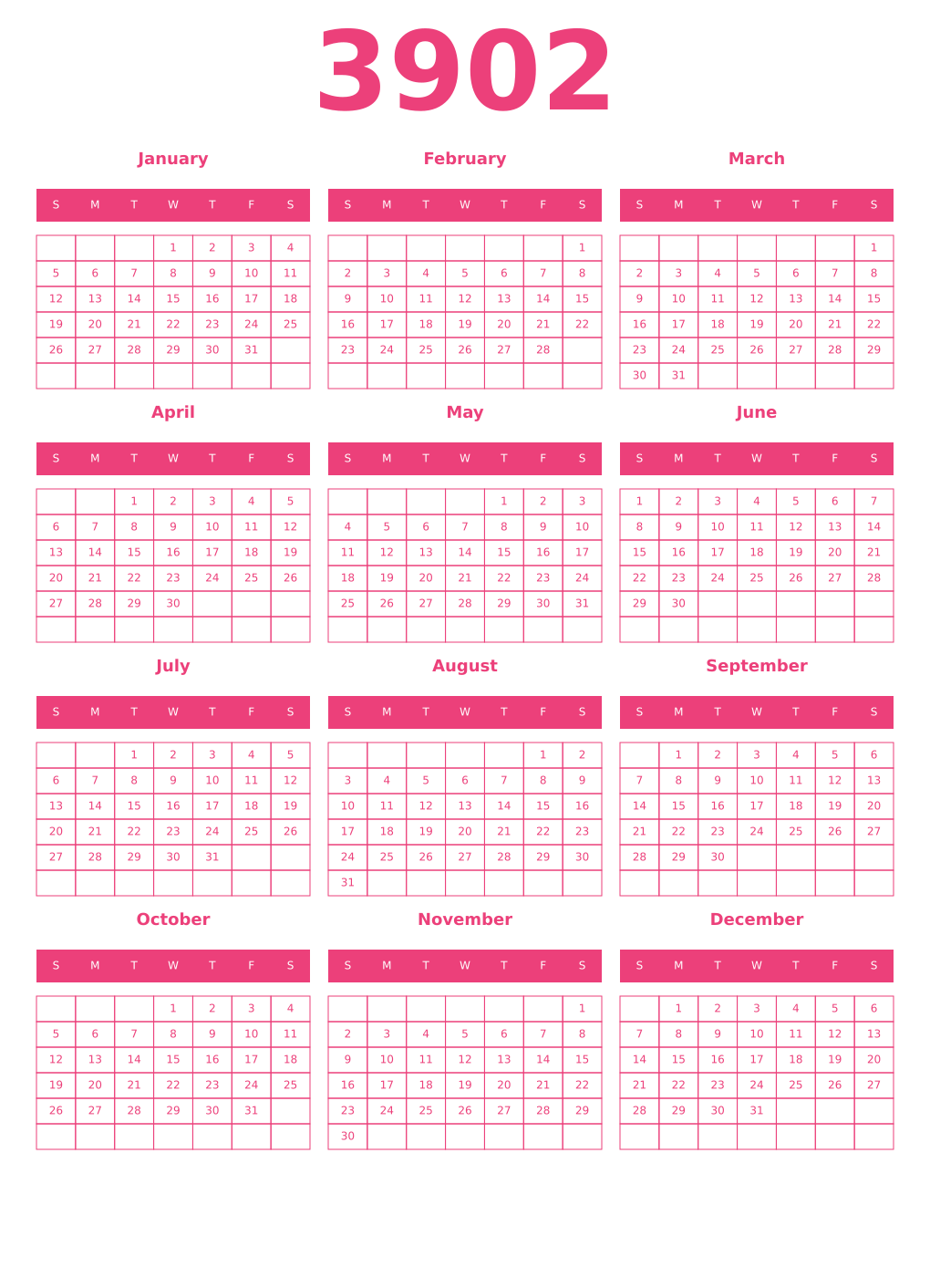 Printable 3902 Year Calendars pink