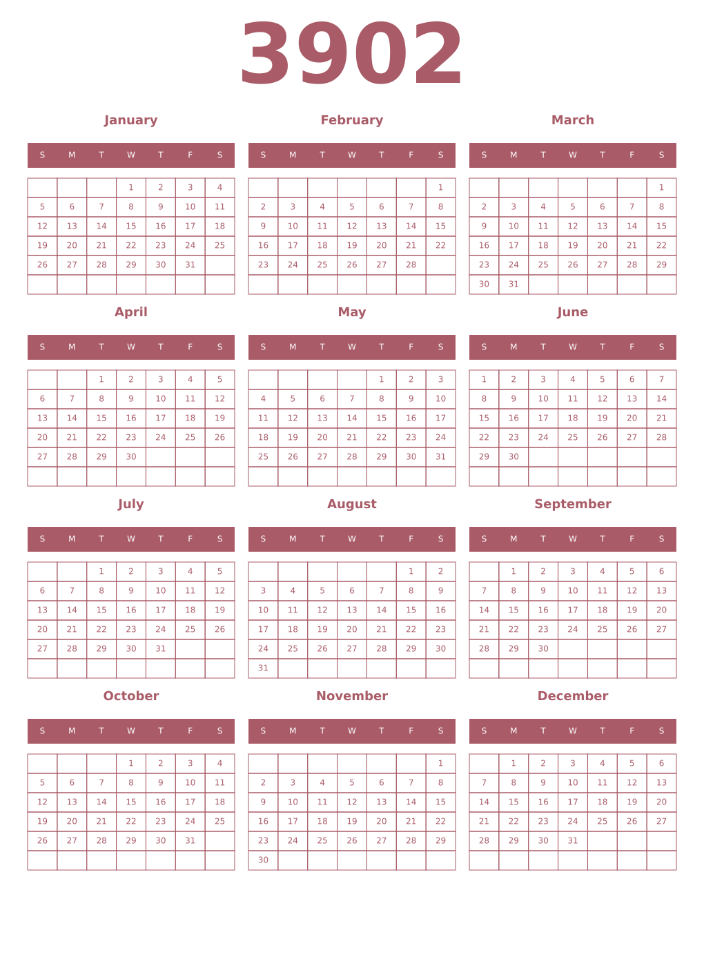 Printable 3902 Year Calendars puce