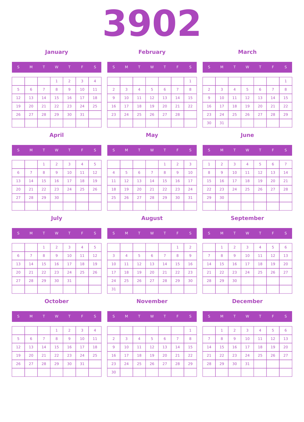 Printable 3902 Year Calendars purple
