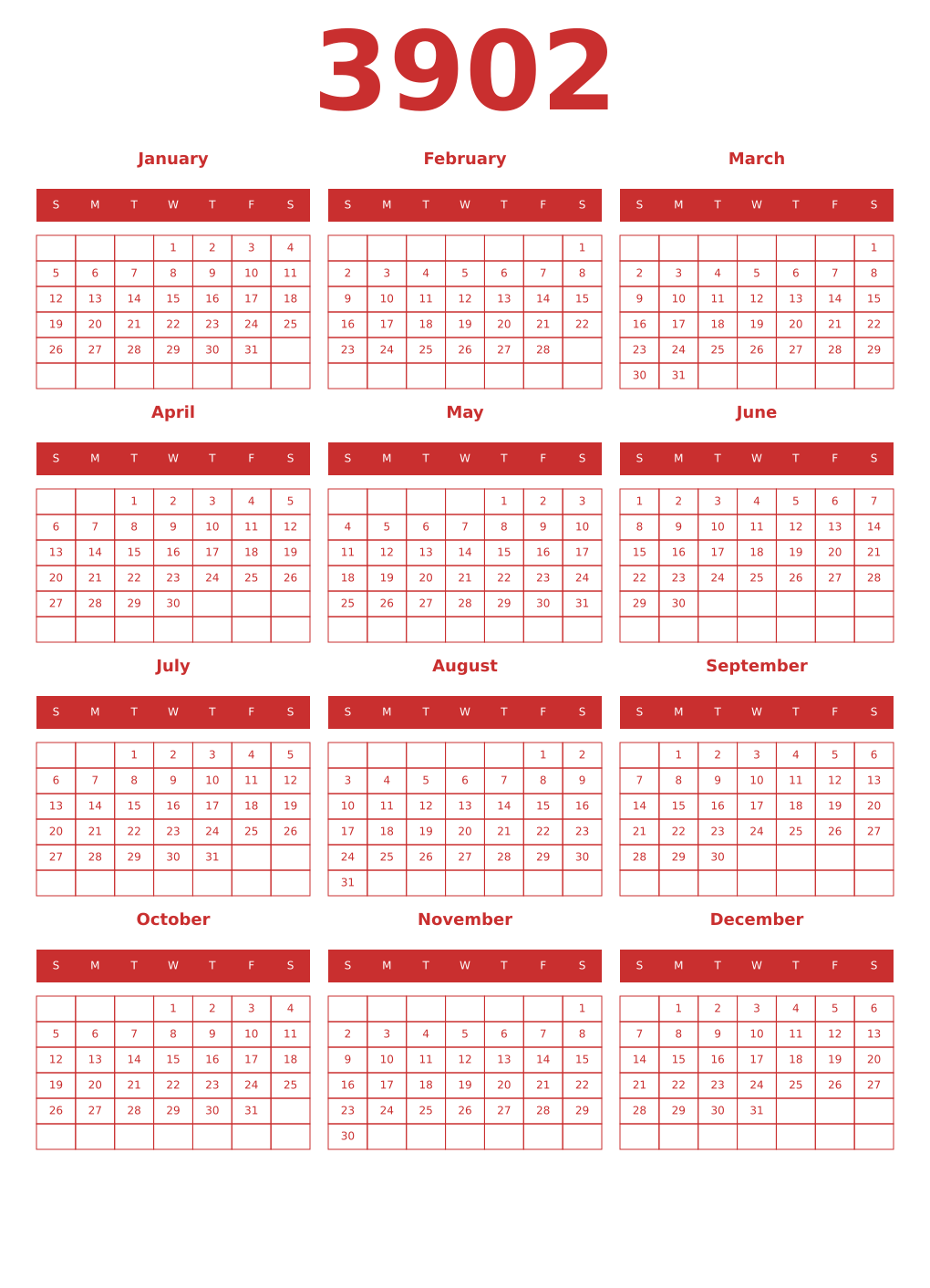 Printable 3902 Year Calendars red