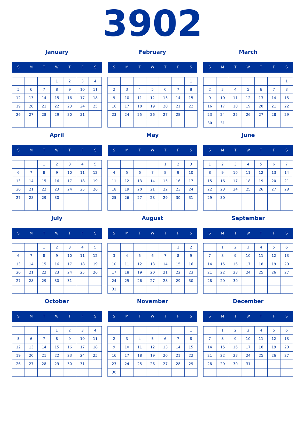 Printable 3902 Year Calendars smalt
