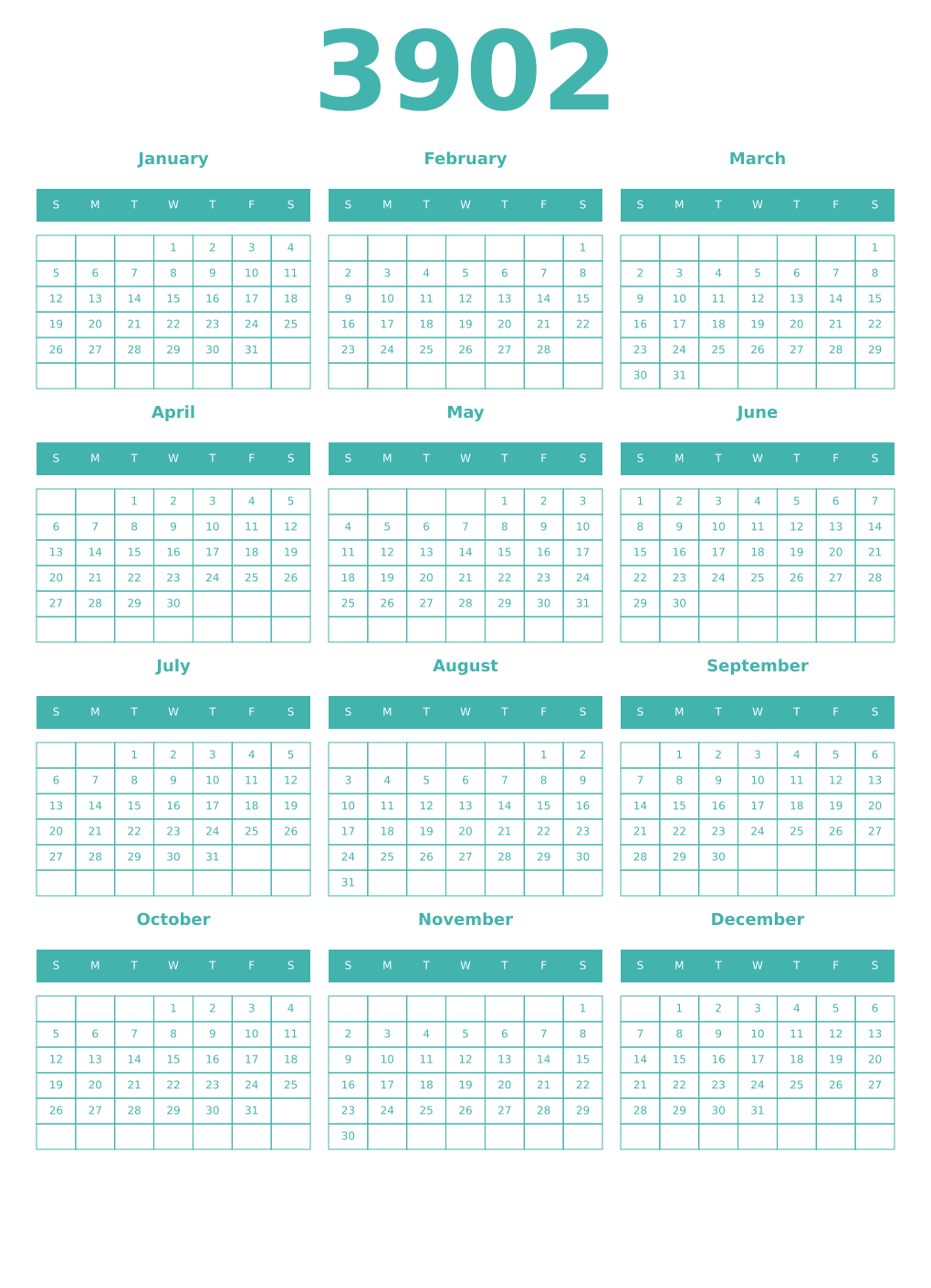 Printable 3902 Year Calendars verdigris