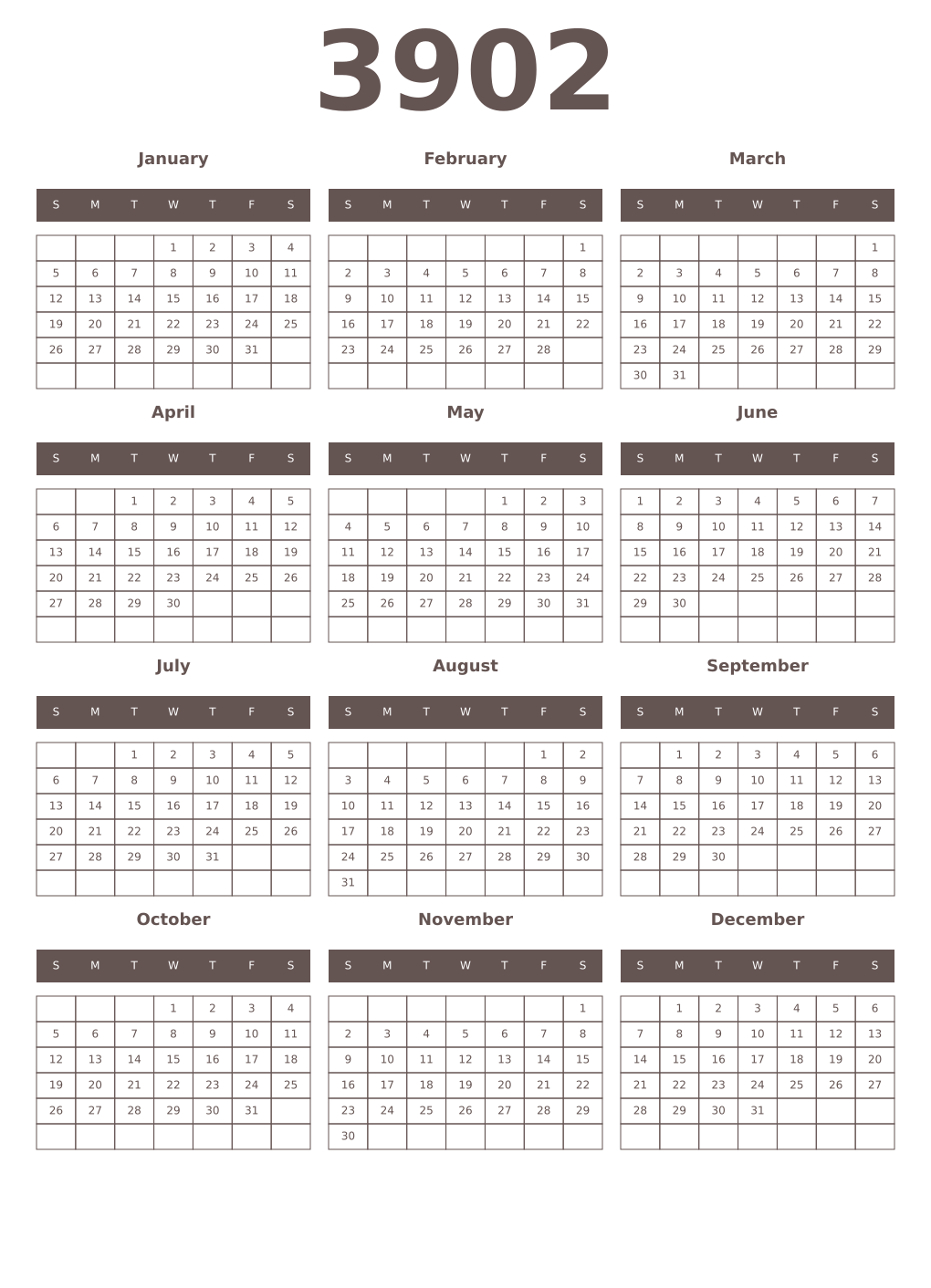 Printable 3902 Year Calendars wenge
