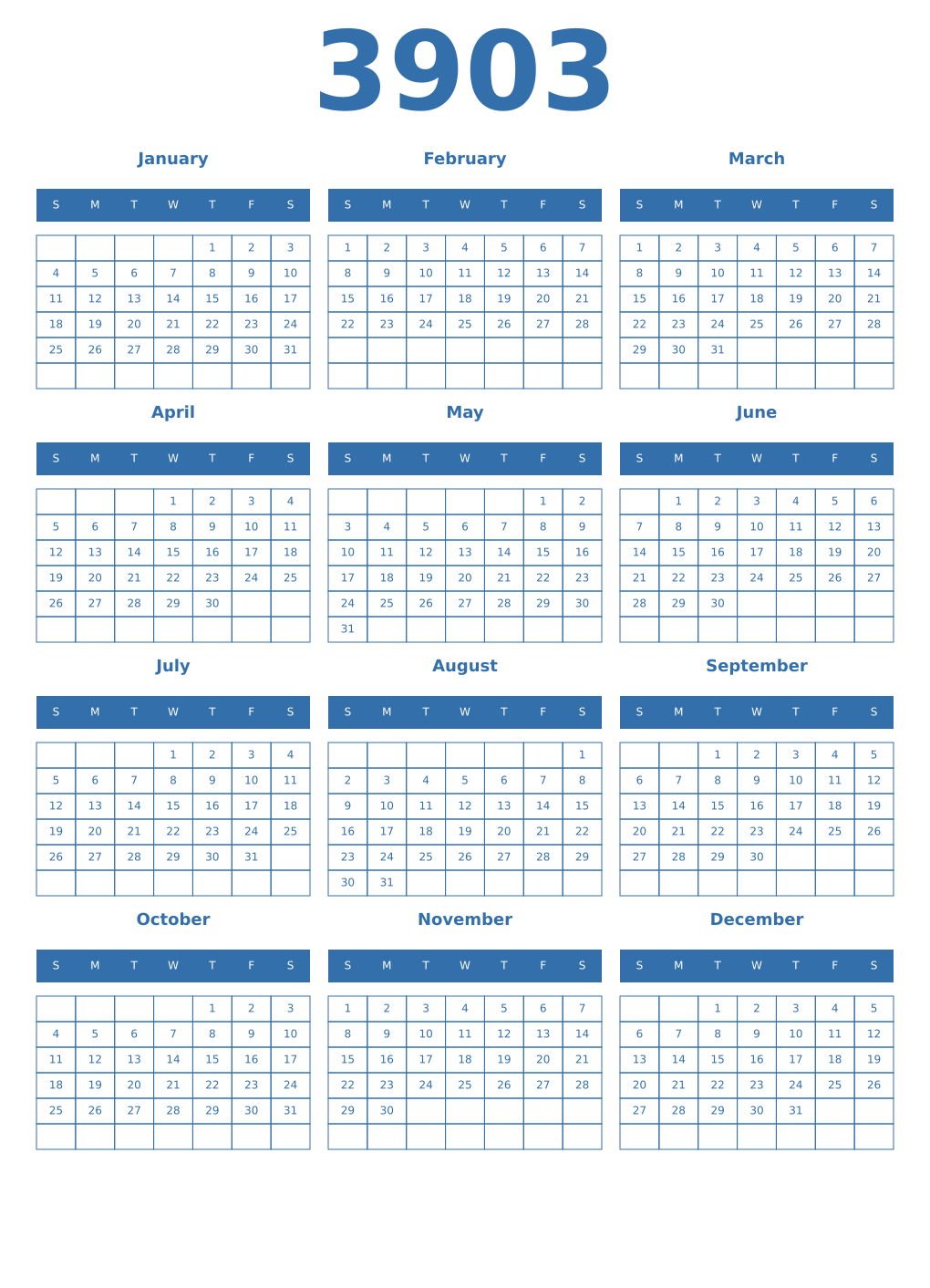 Printable 3903 Year Calendars blue