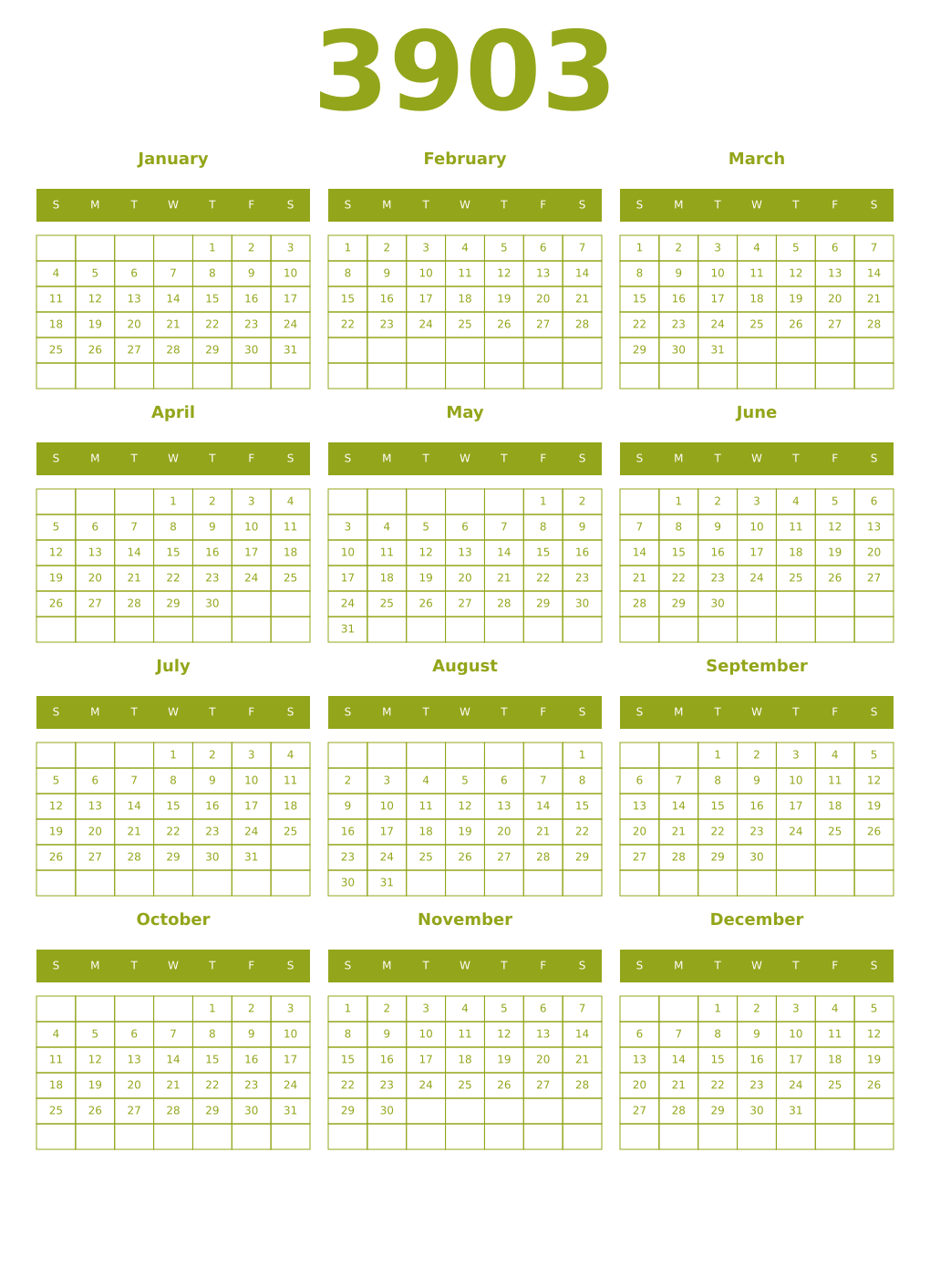 Printable 3903 Year Calendars chartreuse