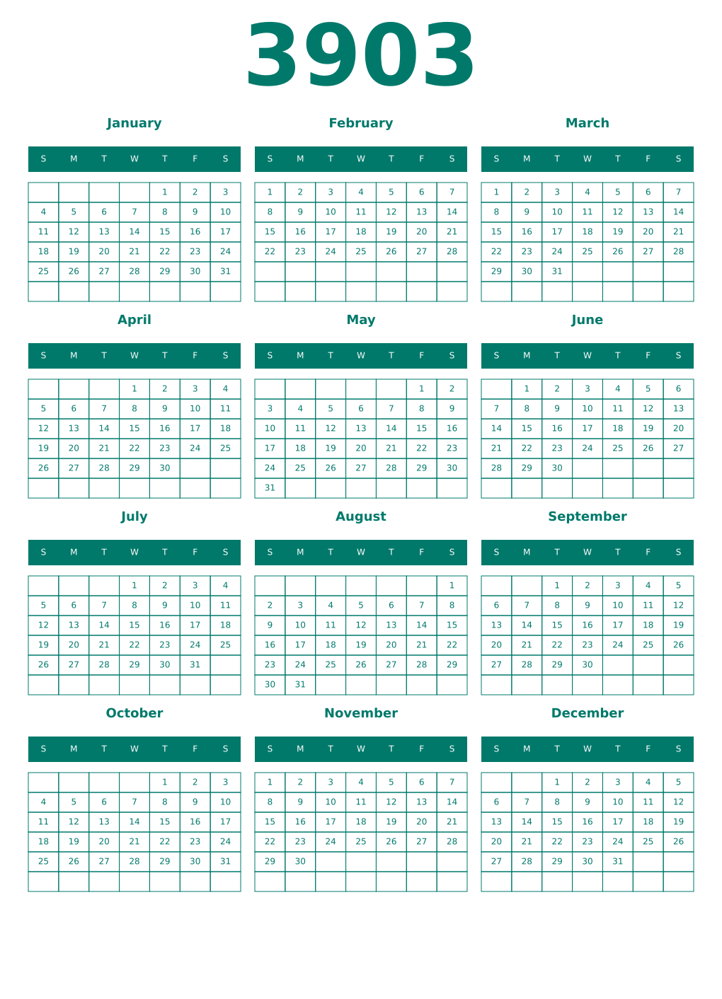 Printable 3903 Year Calendars pastel