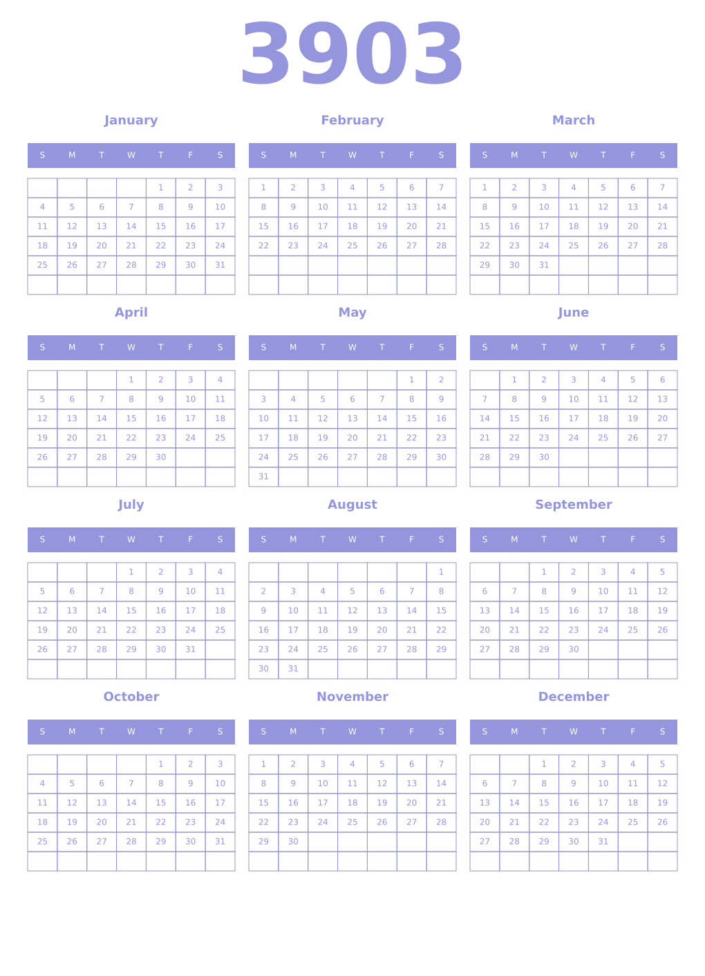 Printable 3903 Year Calendars periwinkle