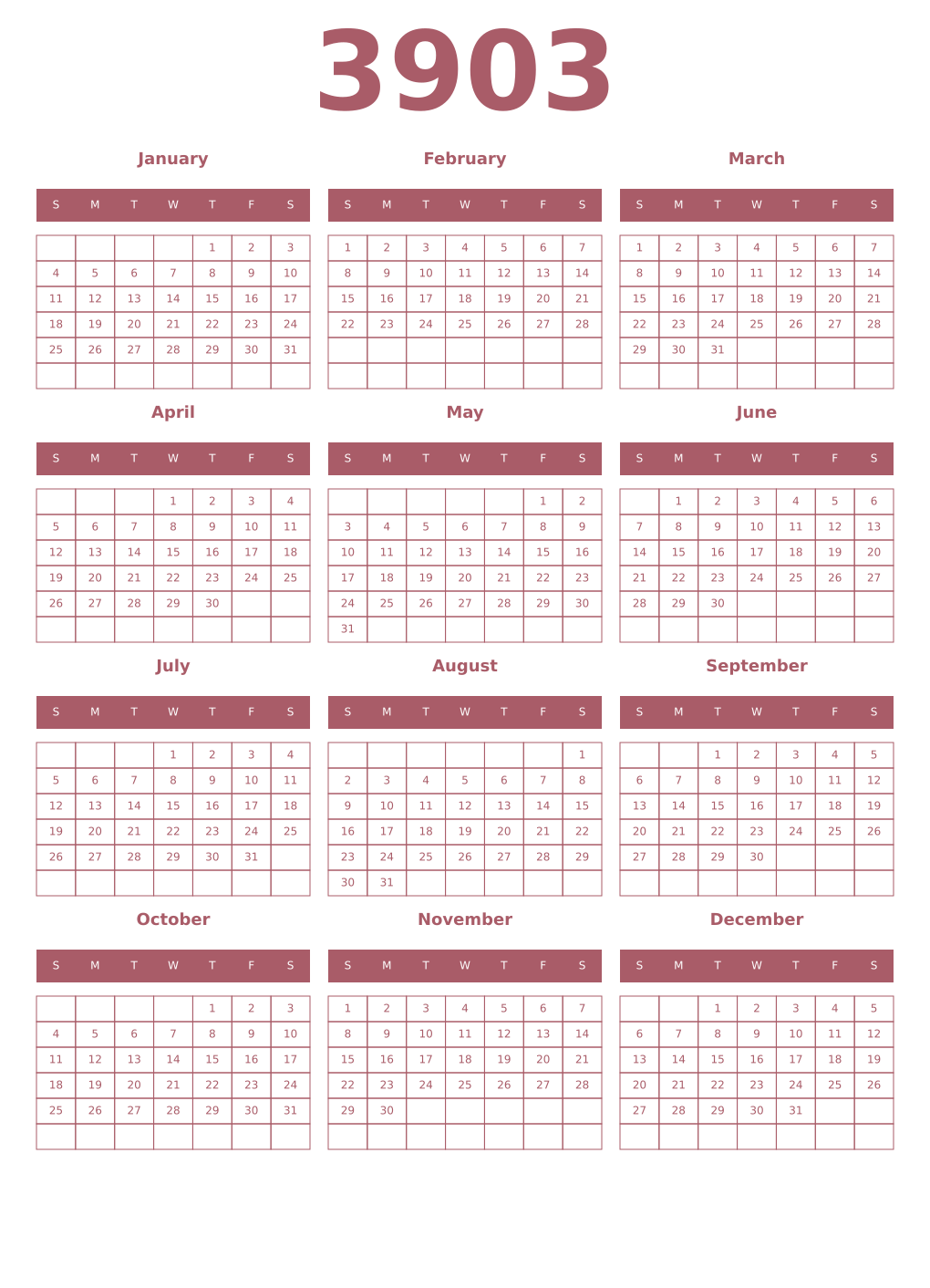 Printable 3903 Year Calendars puce