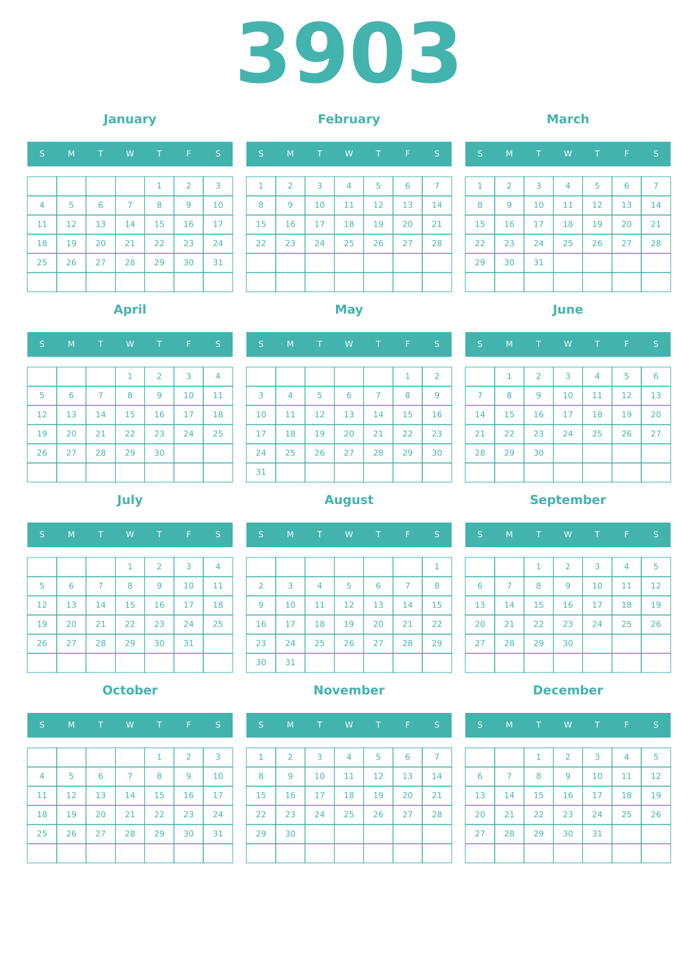 Printable 3903 Year Calendars verdigris