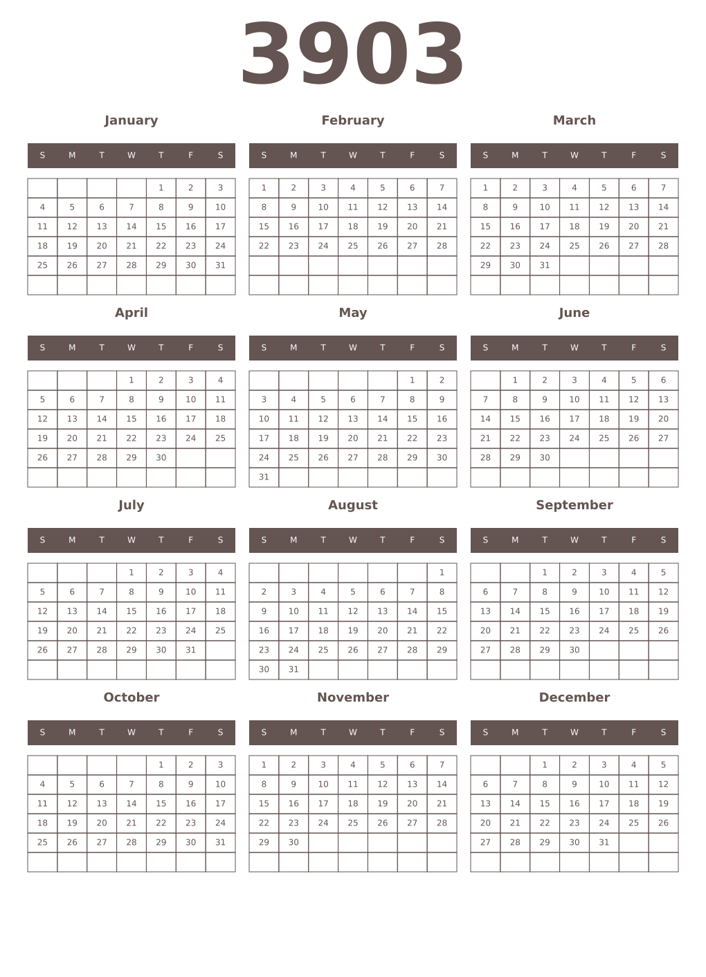 Printable 3903 Year Calendars wenge