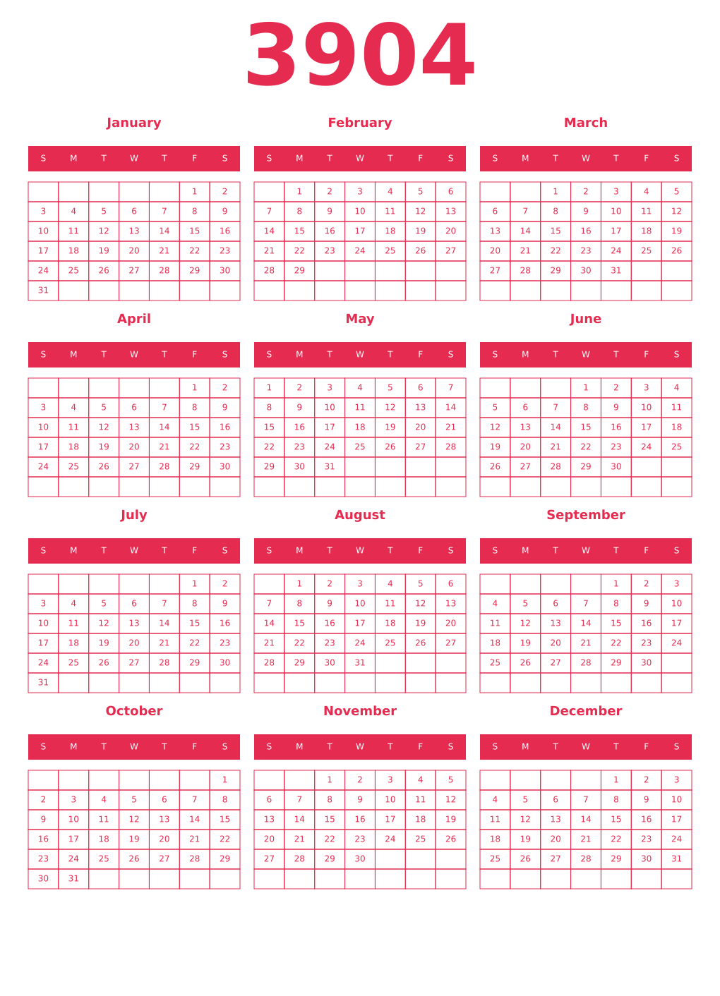 Printable 3904 Year Calendars amaranth