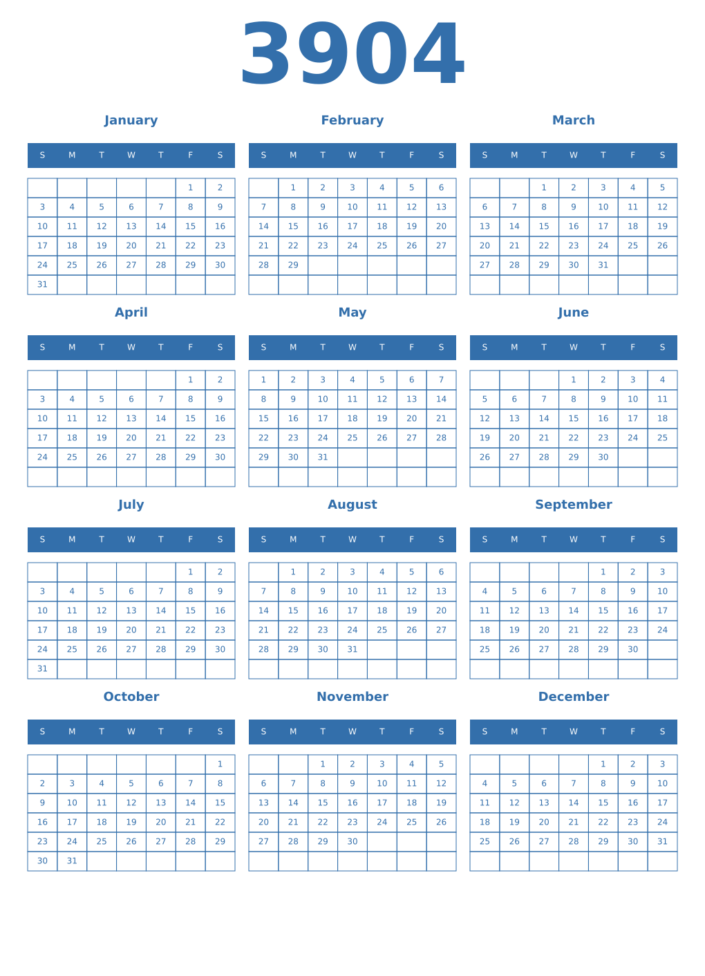 Printable 3904 Year Calendars blue