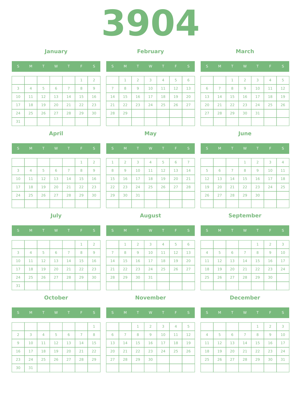 Printable 3904 Year Calendars celadon