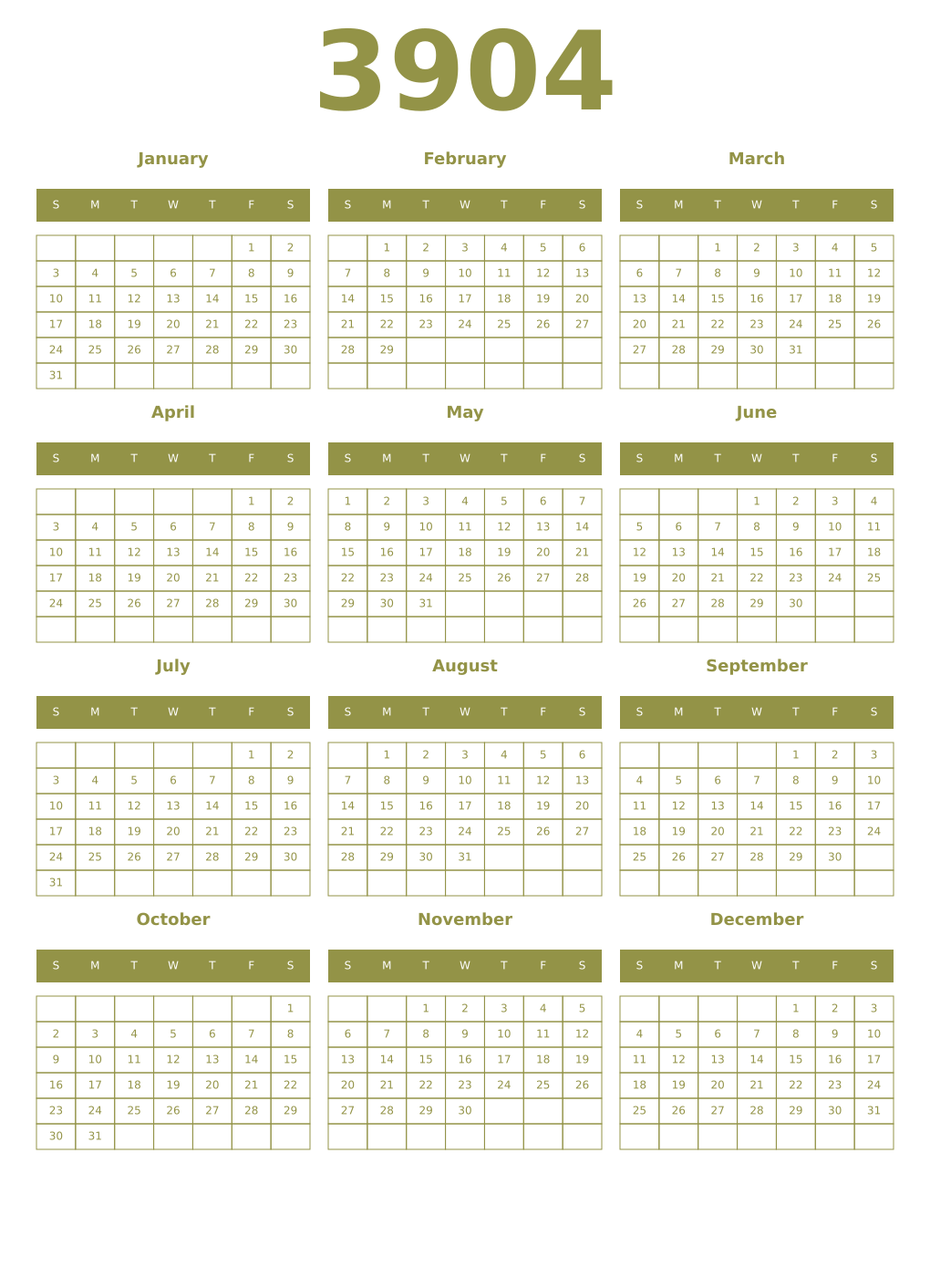 Printable 3904 Year Calendars eburnean