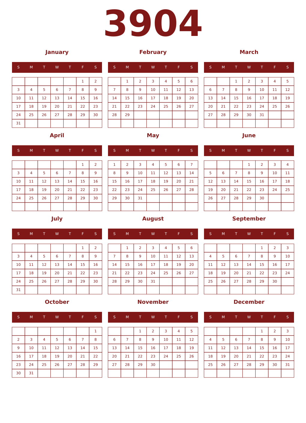 Printable 3904 Year Calendars falu