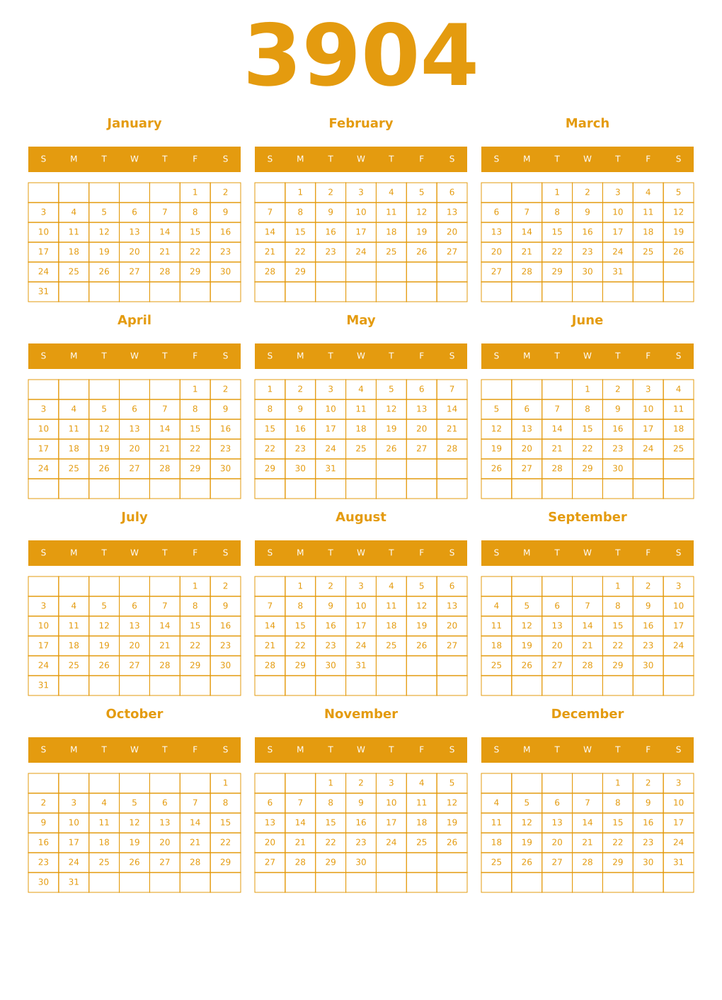 Printable 3904 Year Calendars gamboge