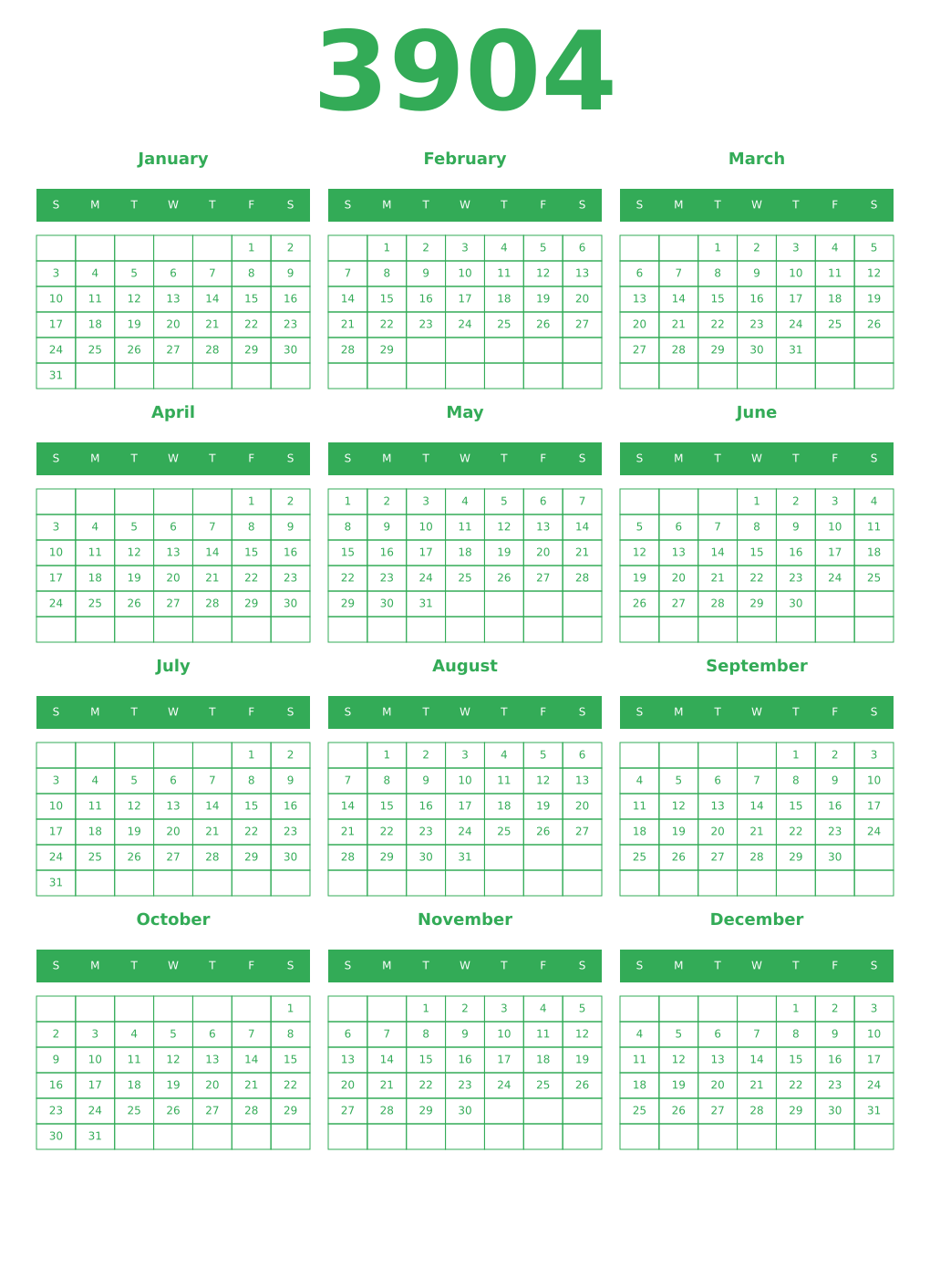 Printable 3904 Year Calendars green